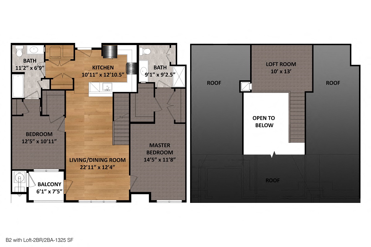Floor plan for 2 beds, 2 baths, 1325 sqft